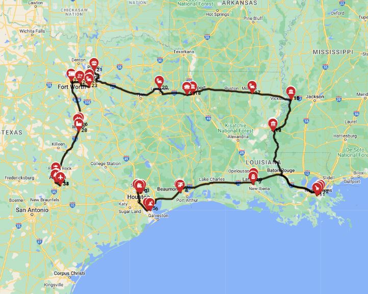 Map for Houston to Austin - Southern Charm